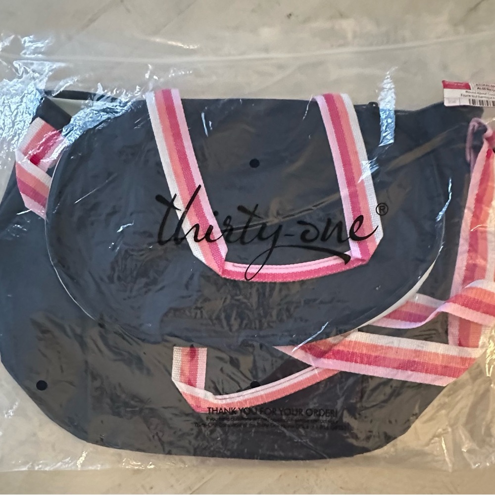 Thirty-One Blue Thermal Tote with Pink Striped Handles